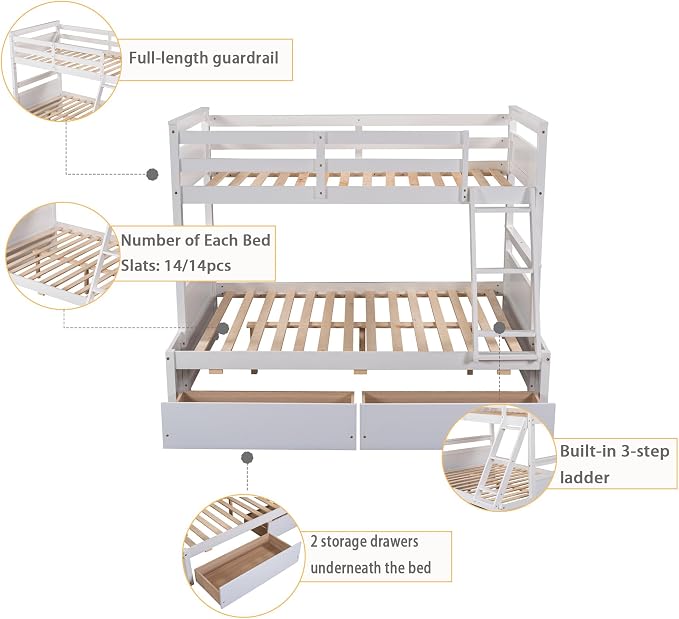 Merax Twin Over Full Bunk Bed, Wood Bunk Bed with Removable Ladders and Two Storage Drawers, Convertible into Two Individual Beds (White)
