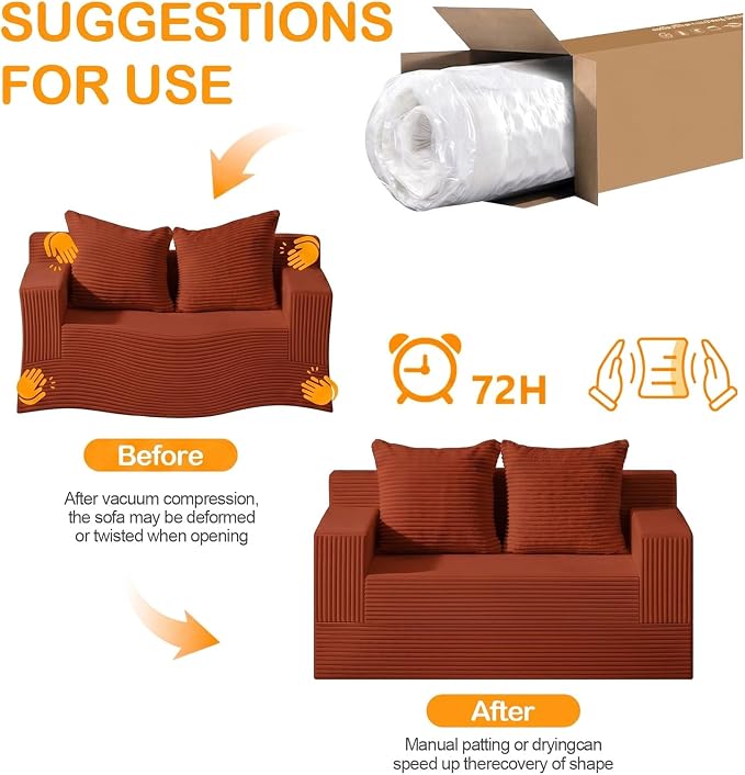 Erament Convertible Sofa Bed, Loveseat Folding Floor Futon Sleeper Sofa Couch Bed- Boneless Foldable Couch, Corduroy Pull Out Sofa Bed with 2 Pillows for Living Room & Bedroom