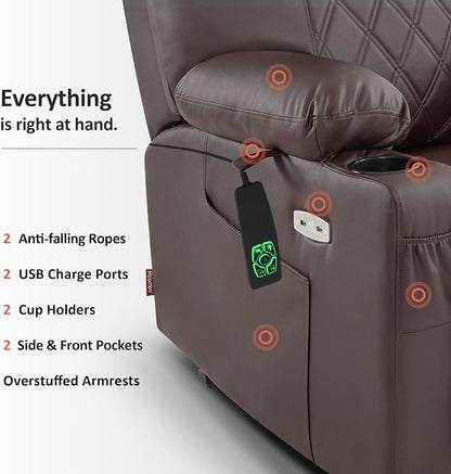 MCombo Small Power Lift Recliner Chair Sofa with Massage and Dual Heating, Adjustable Headrest for Elderly People Petite, USB Ports, 7111 (Single Motor, Dark Coffee)