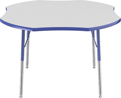 FDP Clover Activity School and Office Table (48 x 48 inch), Standard Legs with Swivel Glides for Collaborative Seating Environments, Adjustable Height 19-30 inches - Gray Top and Blue Edge