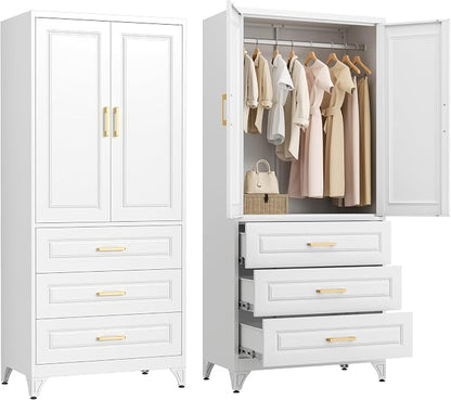 Metal Armoire Wardrobe Closet, 3 Drawers Clothes Storage Cabinet | Metal Wardrobe Cabinet with Doors, Hanging Rod, 71"Tall White Armoires, Closet for Bedroom, Bathroom, Gym