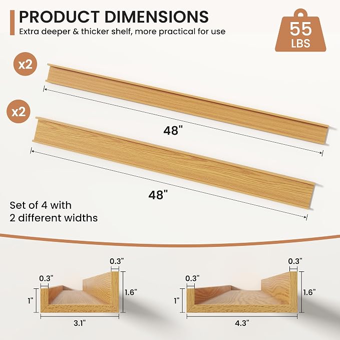 Fun Memories Picture Ledge Shelves Set of 4, 48 Inch Rustic Wall Mounted Floating Shelves with Lip for Home Storage and Décor in Bathroom, Kitchen, Nursery, Bedroom, Living Room, Oak