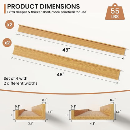 Fun Memories Picture Ledge Shelves Set of 4, 48 Inch Rustic Wall Mounted Floating Shelves with Lip for Home Storage and Décor in Bathroom, Kitchen, Nursery, Bedroom, Living Room, Oak