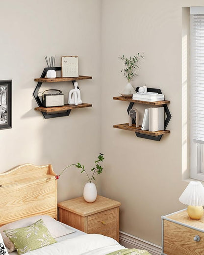 CHOEZON Hexagon Floating Shelves for Wall, Set of 2, 2 -Tier Hanging Shelves, Wall Mounted Storage Shelves, for Living Room, Bedroom, Kitchen, Home Office, Study, Rustic Brown and Black TBJ06P2BF