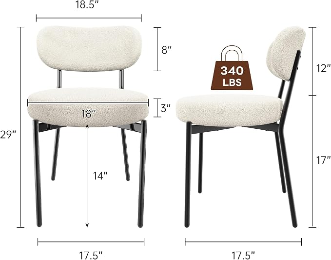 KROFEM Set of 4 Boucle Fabric Dining Chairs,White | Mid-Century Style Comfort Sponge Filled Seat Back Dining Room Chairs for Kitchen Dining Table