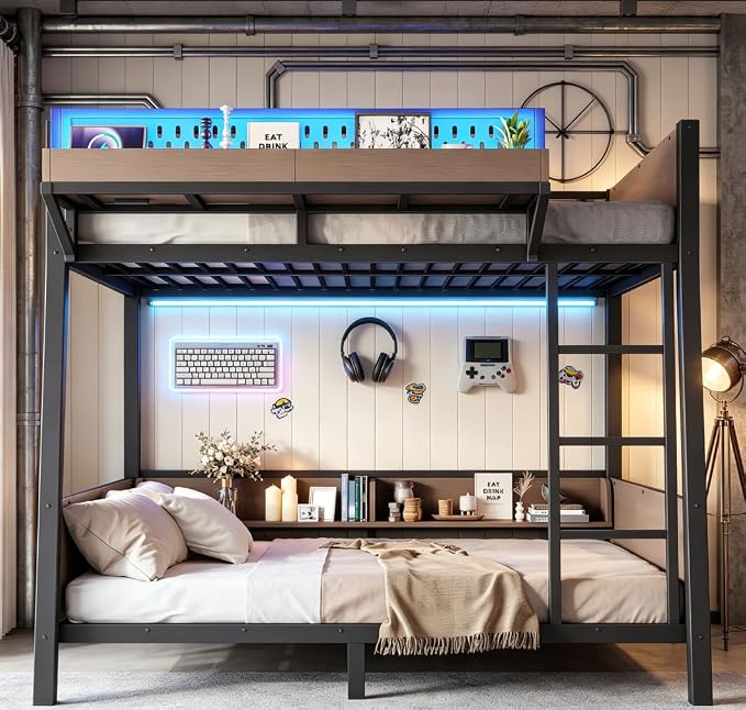 Bellemave Bunk Bed Twin Over Twin with LED, Heavy Duty Metal Bunk BedFrame with Storage Shelves and Lights, Black