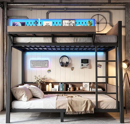 Bellemave Bunk Bed Twin Over Twin with LED, Heavy Duty Metal Bunk BedFrame with Storage Shelves and Lights, Black