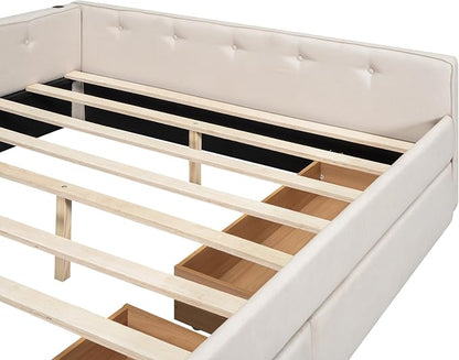 Ball & Cast Queen Size Daybed with Storage Drawers,Linen Upholstered Bed Frame with Button Tufted Backrest and Armrests,L Shaped Day Bed with USB Port,Solid Wood Slats Support,Beige