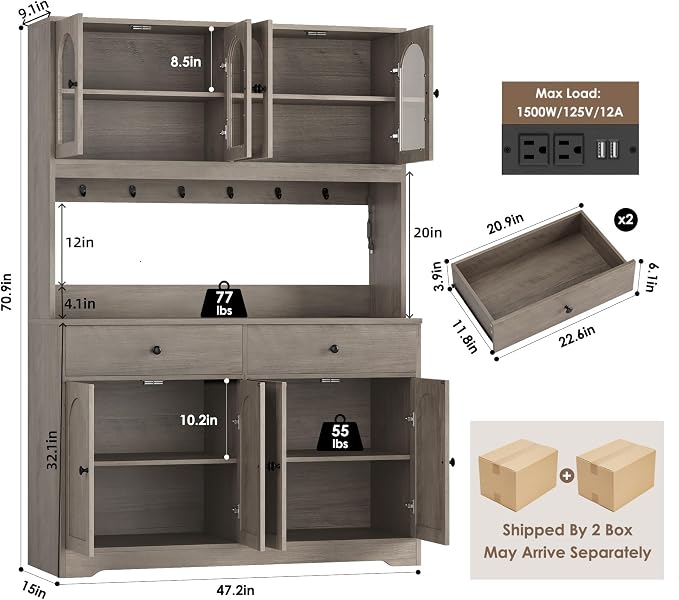 HIFIT 71" LED Kitchen Pantry Cabinet with Power Outlet, Large Kitchen Hutch Storage Cabinet with Arched Door, Shelves, 2 Drawer, Tall Farmhouse Coffee Bar w/Hutch for Home Dining Living Room, Ash Grey