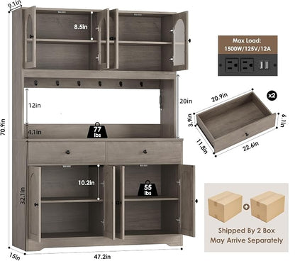 HIFIT 71" LED Kitchen Pantry Cabinet with Power Outlet, Large Kitchen Hutch Storage Cabinet with Arched Door, Shelves, 2 Drawer, Tall Farmhouse Coffee Bar w/Hutch for Home Dining Living Room, Ash Grey