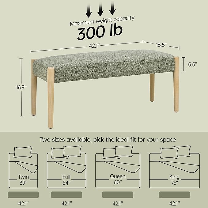 Usaint 42" End of Bed Bench, Modern Upholstered Bedroom Bench with Rubberwood Legs, Entryway Bench with Cushion, Dining Bench for Living Room, Bedroom, Green with Oak Leg