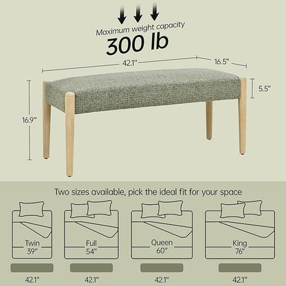 Usaint 42" End of Bed Bench, Modern Upholstered Bedroom Bench with Rubberwood Legs, Entryway Bench with Cushion, Dining Bench for Living Room, Bedroom, Green with Oak Leg