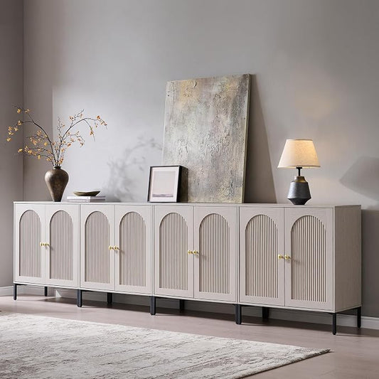 IFGET Modern Buffet Cabinet with Storage, 123.5" W Fluted Arched Sideboard Cabinet w/Adjustable Shelves, Wooden Modular Coffee Bar for Dining Room, Kitchen, Living Room, Entryway, Light Grey