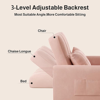 Ahomly Convertible Sleeper Chair Sofa Bed with 3-in-1 Design, Adjustable Backrest, and Storage Pocket for Living Room, Pink