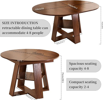 ClinQ 43-59in Extendable Round Dining Table for 4-6, Round to Oval Dining Room Table with Removable Leaves, Space Saving Dinner Table with Storage Shelf, Walnut