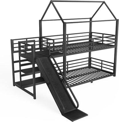 Harper & Bright Designs Metal House Bunk Bed with Slide and Roof, Twin Over Twin Floor Bunk Bed with Staircase and Full Length Guardrails, No Box Spring Required, Noise Free, Space Saving, Black