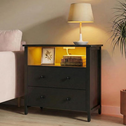 27" LED Nightstand Set 2 with Charging Station, 2 Drawers, Black. | Solid Wood and Steel Frame, 2 AC Outlets, 2 USB Ports, RGB App Control, Open Storage, Adjustable Feet, for Bedroom or Office