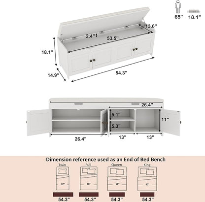 HOMEFORT 54.4" Shoe Bench with Lift Top Storage, Entryway Bench with Cushioned Seat, Wooden End of Bed Bench, Shoe Cabinet Bench with Hidden Storage Space, for Bedroom, Hallway,White