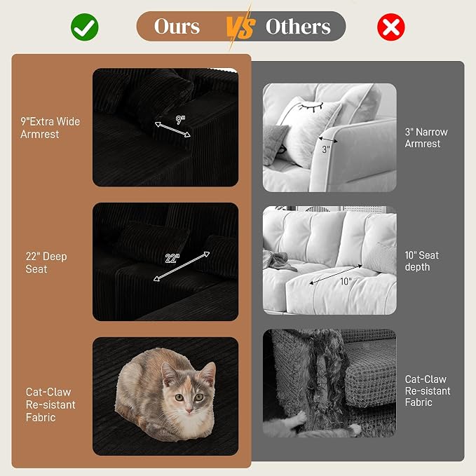 110" L Shaped Cloud Boneless Sectional Couches for Living Room, Modern Comfy Modular Deep Seat Memory Foam Compressed Corduroy Sofa Oversized Right Facing Chaise, No Assembly Required, Balck