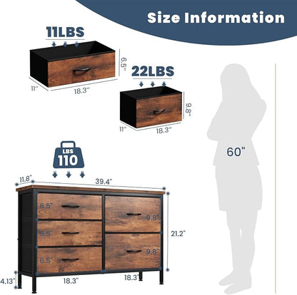 DUMOS TV Stand for Bedroom with 5 Drawers, Storage Chest of Drawers | Fabric Storage Organizers Units with Metal Frame for Books, Hallway, Rust