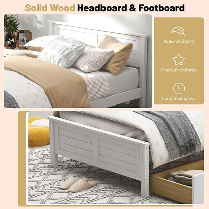 GOFLAME Twin Size Bed Frame with 2 Drawers, Platform Bed with Solid Wood Headboard & Footboard, Wood Slats Support Mattress Foundation, Under Bed Storage, No Box Spring Needed, Easy Assembly, White
