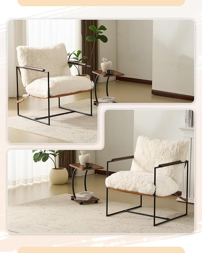 Karl home Modern Metal Frame Accent Chair, Creamy | Plush Fleece Upholstered, Wood Padded Armrest, 28" Seat Width, Comfy Lounge Armchair for Living Room, Bedroom, Apartment