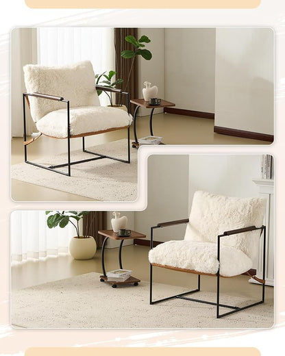 Karl home Modern Metal Frame Accent Chair, Creamy | Plush Fleece Upholstered, Wood Padded Armrest, 28" Seat Width, Comfy Lounge Armchair for Living Room, Bedroom, Apartment
