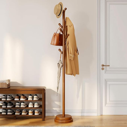 Freestanding Coat Rack, Solid Wood Coat Tree with 8 Smooth Rounded Hooks, Adjustable Height Heavy Duty Coat Rack with Dual-Layer Base, Holds Coats Hats Bags for Entryway, Bedroom, Living Room