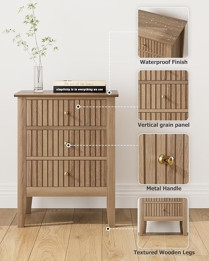 Fluted Nightstand, Vintage Night Stand with 3 Drawers, Mid Century Modern Side Accent Table,Bedside End Table for Bedroom, Living Room, Natural