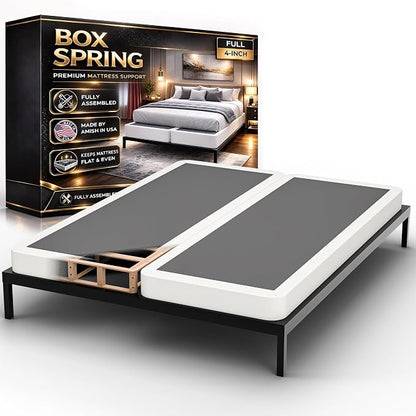 Box Spring Bed Base Full Size, 4-Inch Wood Mattress Foundation – Amish Made in USA – Quiet Noise Free, Under Mattress-Support BoxSpring, Fully Assembled, White