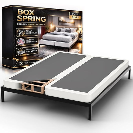 Box Spring Bed Base Full Size, 4-Inch Wood Mattress Foundation – Amish Made in USA – Quiet Noise Free, Under Mattress-Support BoxSpring, Fully Assembled, White