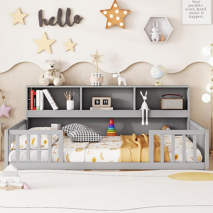 Bellemave Kids Montessori Floor Bed,Full Size Floor Bed with Bookcase and Shelves,Full Bed Frame with Guardrails for Kids,Girls,Boys,Full,Gray