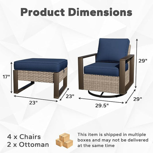 Joyside Outdoor Patio Swivel Rocker Chairs, 5 Pieces Wicker Furniture Set, 2 Swivel Rocking Chairs and 2 Ottoman, Metal Wide Armrest, Thick Cushions and Deep Seating for Garden, Backyard, Porch, Deck
