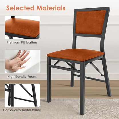 VECELO Folding Dining Chairs Set of 4, Metal Padded Foldable Seating with Comfortable Faux Leather, Space-Saving Portable Guest Seats for Kitchen & Office, No Assembly, Cognac Brown