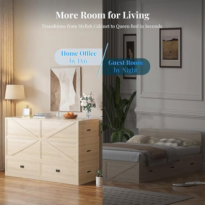 PUREMIND Murphy Bed Full with Mattress Included, Wood Cabinet Bed with Dual Storage Drawers & 2 Pillows, 3-in-1 Convertible Sofa Beds for Small Space, Guest Room, Natural