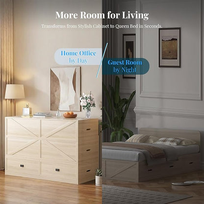 PUREMIND Murphy Bed Queen with Mattress Included, Wood Cabinet Bed with Dual Storage Drawers & 2 Pillows, 3-in-1 Convertible Sofa Beds for Small Space, Guest Room, Home Office, Natural