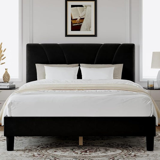 Novilla Full Size Bed Frame with Headboard, Full Bed Frame with Wooden Slats Support, Velvet Upholstered Headboard, No Box Spring Needed, Heavy Duty Feet, Easy Assembly, Black Velvet