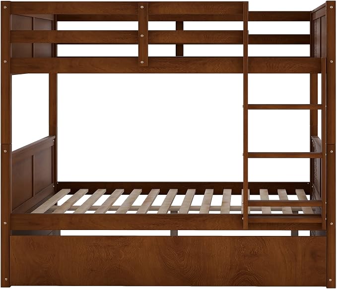 Bellemave Bunk beds Full Over Full with Twin Size Trundle, Low bunk Bed for Kids Adults and Teenagers，Walnut