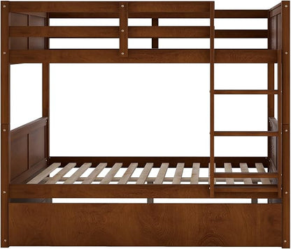 Bellemave Bunk beds Full Over Full with Twin Size Trundle, Low bunk Bed for Kids Adults and Teenagers，Walnut