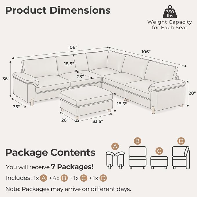 SITJOY Large Cloud Couch, 106" Wide 5 Seater V Shape, Faux Leather in White | Pet-Friendly Scratch-Resistant Leather Sectional Sofas for Living Room, Deep Seat Wide Couch with Chaise, Storage Ottoman