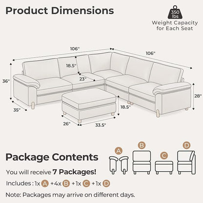 SITJOY Large Cloud Couch, 106" Wide 5 Seater V Shape, Faux Leather in White | Pet-Friendly Scratch-Resistant Leather Sectional Sofas for Living Room, Deep Seat Wide Couch with Chaise, Storage Ottoman