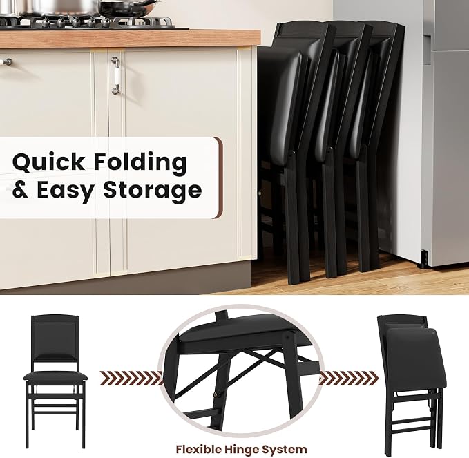 Giantex Folding Dining Chairs Set of 4, Black Wood Kitchen Chair w/Padded Seat, Solid Wood Frame, Max Load 400 Lbs, No Assembly, Easy to Store Foldable Wooden Dining Chairs for Apartment, Small Space