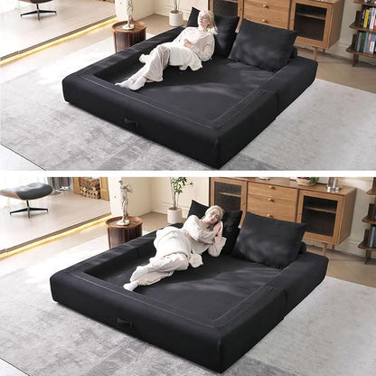 WHGBJA 79'' Convertible Sleeper Sofa Bed, 3-in-1 Foldable Floor Couch with Corduroy Upholstery, No Assembly Loveseat, Light Brown Lounge Mattress for Living Room, Studio, Guest Room (Black)