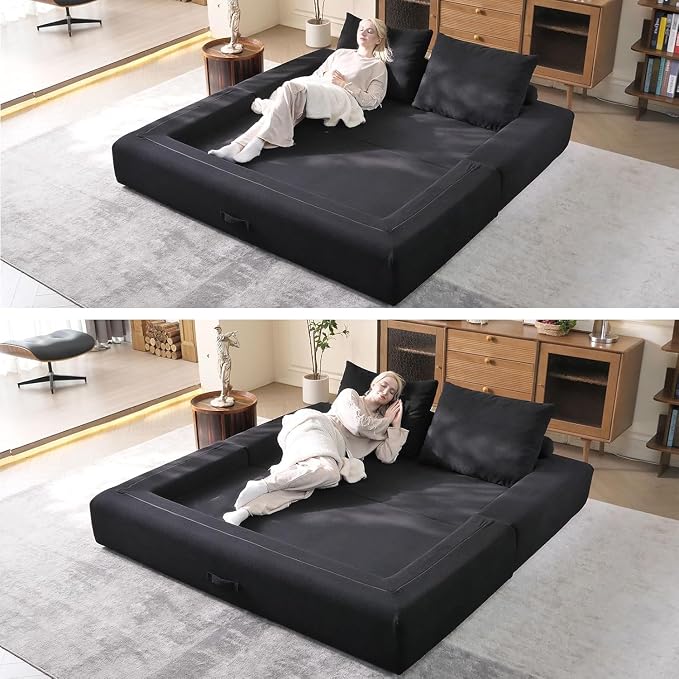 WHGBJA 79'' Convertible Sleeper Sofa Bed, 3-in-1 Foldable Floor Couch with Corduroy Upholstery, No Assembly Loveseat, Light Brown Lounge Mattress for Living Room, Studio, Guest Room
