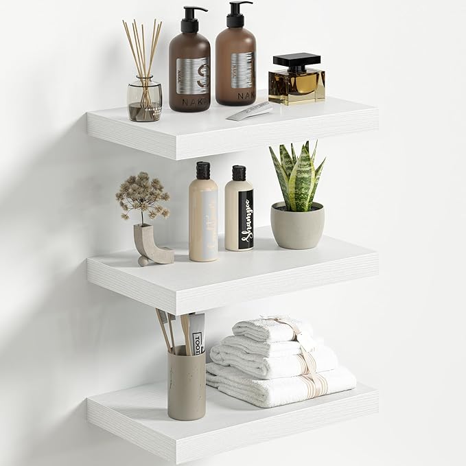 Fun Memories Floating Shelves for Wall 16 Inch Set of 3, Farmhouse Floating Shelves with Invisible Heavy Duty Bracket, 10 Inch Deep Bathroom Shelves for Storage, Living Room, Kitchen, Decor, White