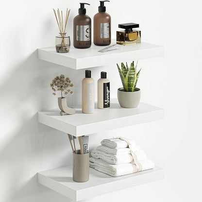 Fun Memories Floating Shelves for Wall 16 Inch Set of 3, Farmhouse Floating Shelves with Invisible Heavy Duty Bracket, 10 Inch Deep Bathroom Shelves for Storage, Living Room, Kitchen, Decor, White