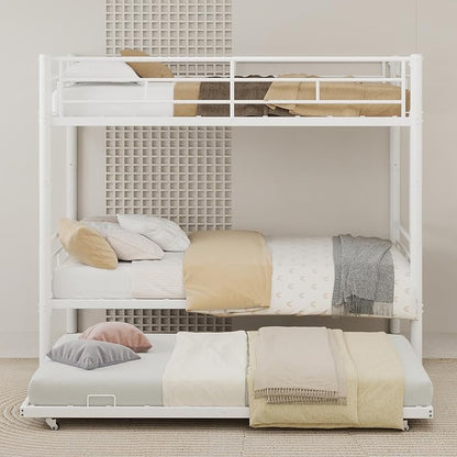 3-Way Convertible Twin over Twin Bunk Bed with Trundle, Metal Low Bunkbed for Kids Boys Girls, Guardrail & Ladders, Heavy Duty, No Box Spring Needed, Space-Saving, Easy Assembly (White, With Trundle)