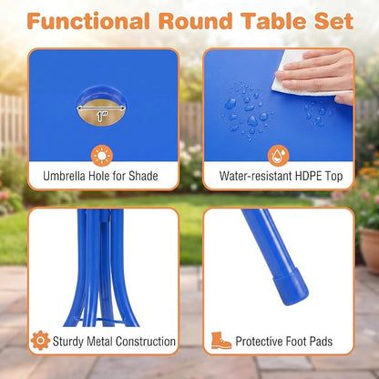 HONEY JOY Kids Picnic Table, Animal Themed Toddler Outdoor Table and Chair Set, 2 Folding Chairs & Removable Umbrella, Children Outdoor Furniture for Backyard Patio Garden (Navy Shark)