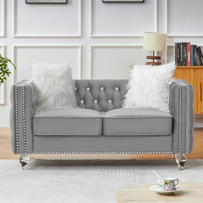 60" Chesterfield Sofa, Velvet Mid-Century Modern Upholstered Loveseat Sofa with 2 Throw Pillows and Acrylic Legs, Nailhead Button Tufted Vintage Couch for Living Room, Apartment, Grey