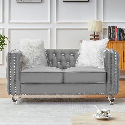 60" Chesterfield Sofa, Velvet Mid-Century Modern Upholstered Loveseat Sofa with 2 Throw Pillows and Acrylic Legs, Nailhead Button Tufted Vintage Couch for Living Room, Apartment, Grey